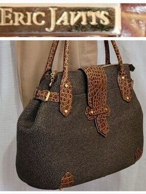 Eric Javits  Brown Woven Tote with Croc-Leather Trim